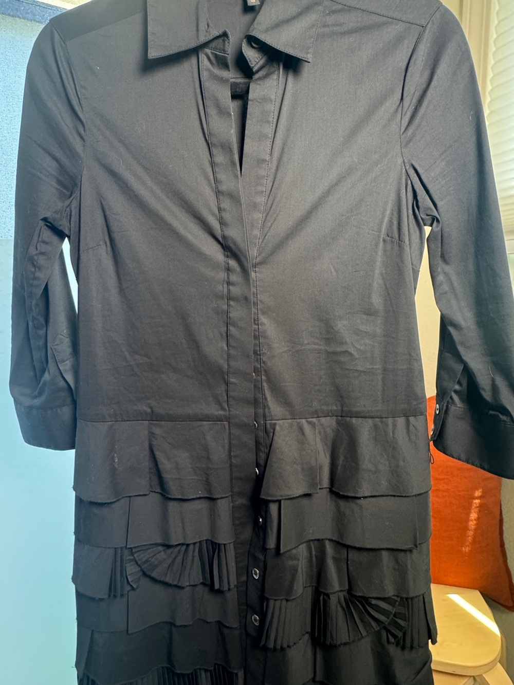 BCBG Black Tiered Ruffle Button-Front Shirt Dress
